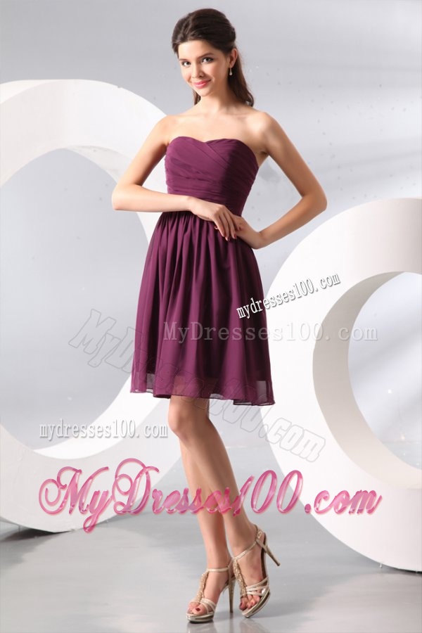 Purple Ruching Short Evening Dress with Knee-length