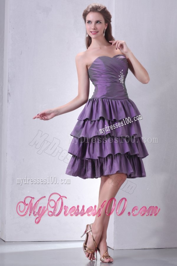 Purple Sweetheart Knee-length Evening Dress with Beading and Layers