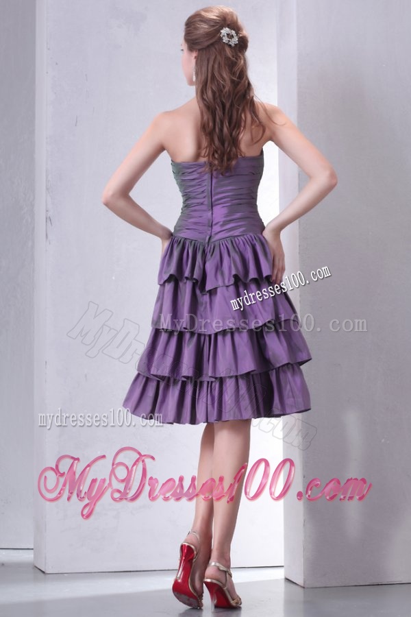 Purple Sweetheart Knee-length Evening Dress with Beading and Layers