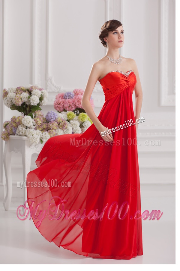 Red Empire Chiffon Beaded Decorate Evening Dress with Sweetheart