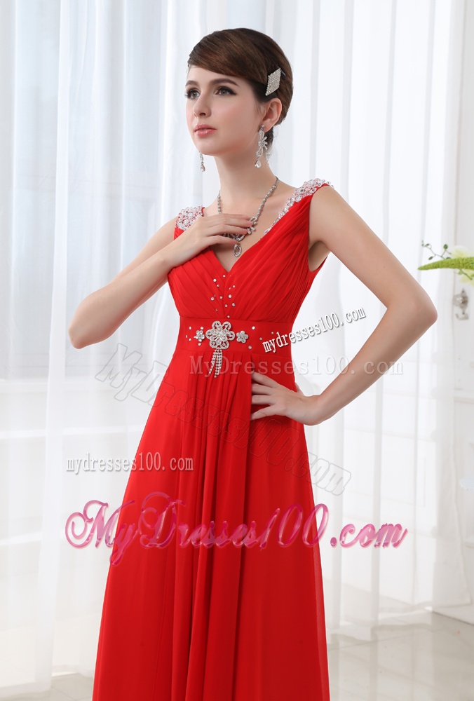 Red V-neck Beading and Ruching Floor-length Chiffon Evening Dress