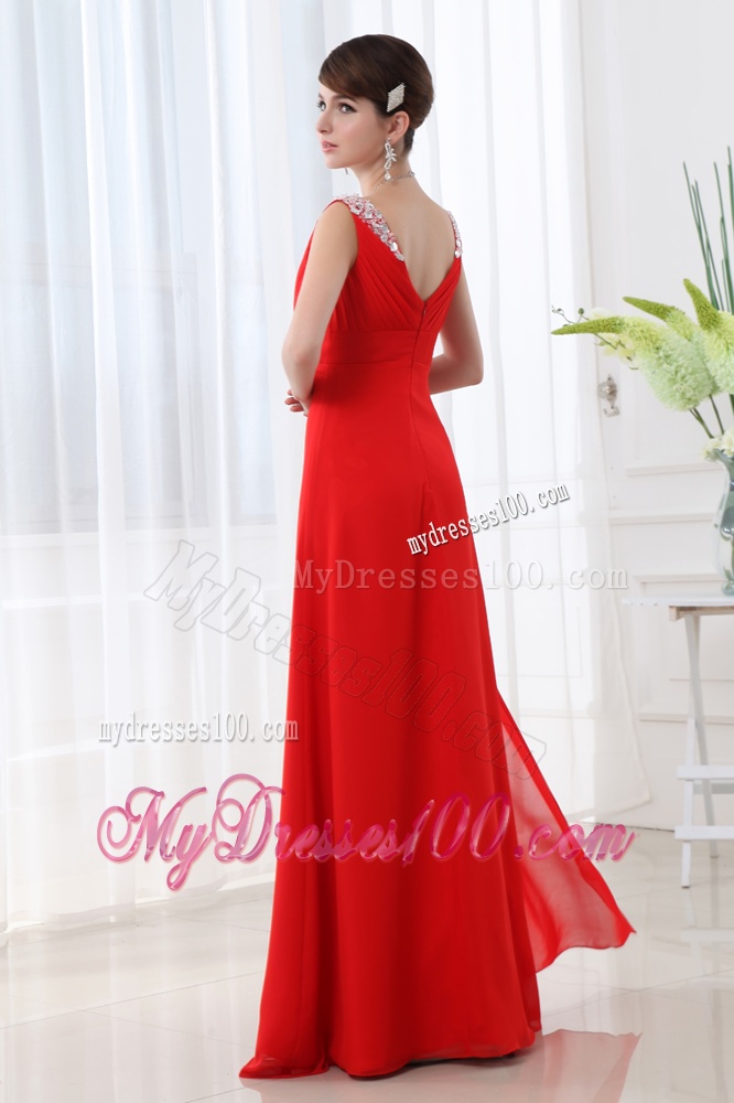 Red V-neck Beading and Ruching Floor-length Chiffon Evening Dress
