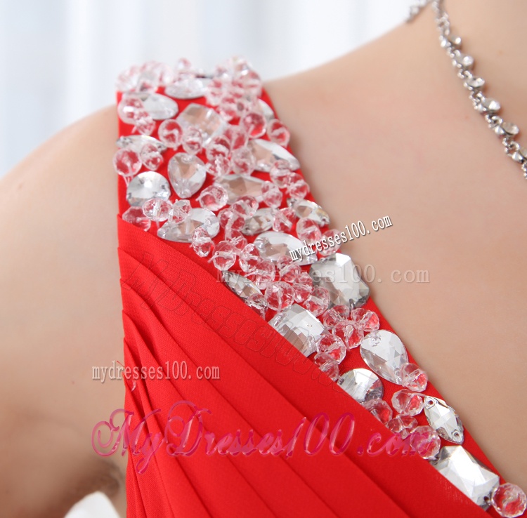 Red V-neck Beading and Ruching Floor-length Chiffon Evening Dress