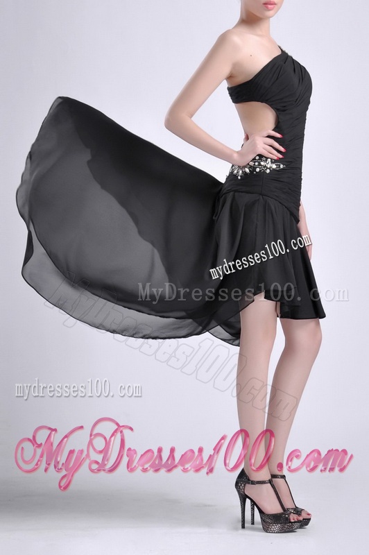 Romantic High Low One Shoulder Black Evening Dress with Criss Cross