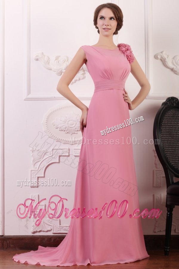 Rose Pink Empire V-neck Court Train Evening Dress with Flowers