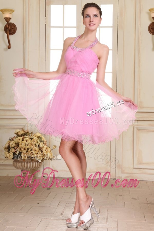 Rose Pink Halter Top Neck Mini-length Beading Evening Dress in Organza