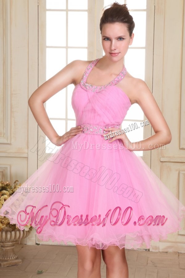 Rose Pink Halter Top Neck Mini-length Beading Evening Dress in Organza