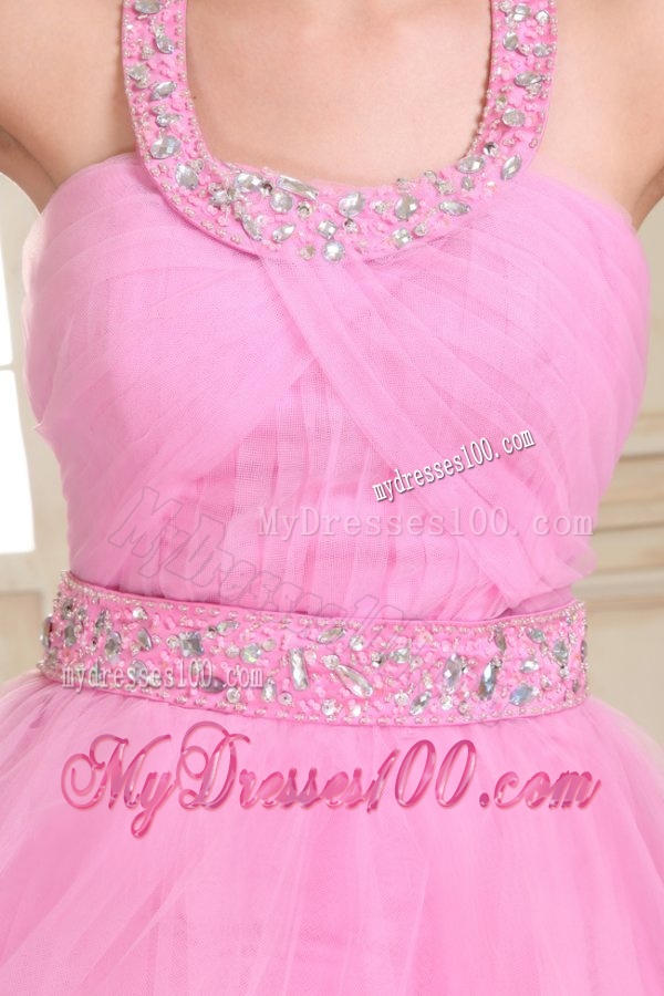 Rose Pink Halter Top Neck Mini-length Beading Evening Dress in Organza