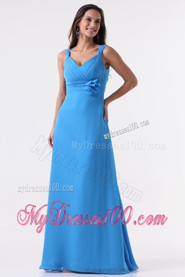 Simple Blue Straps Ruching Hand Made Flower Floor-length Chiffon Evening Dress