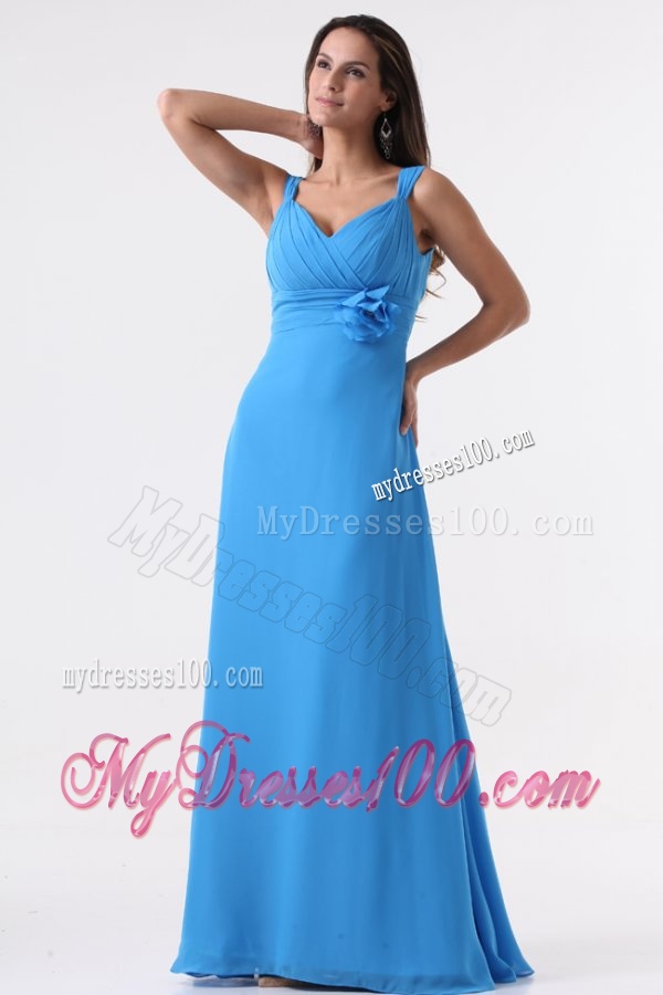 Simple Blue Straps Ruching Hand Made Flower Floor-length Chiffon Evening Dress