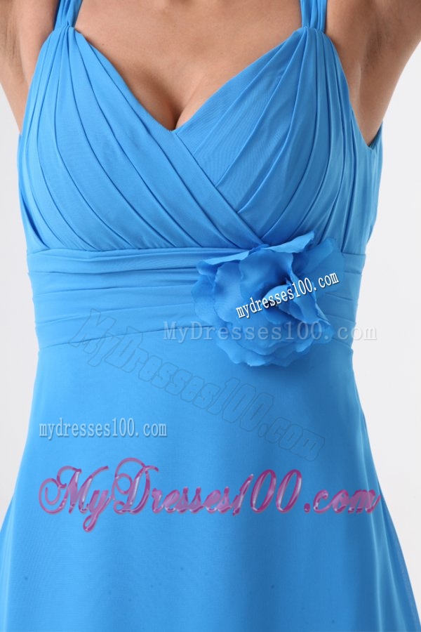 Simple Blue Straps Ruching Hand Made Flower Floor-length Chiffon Evening Dress