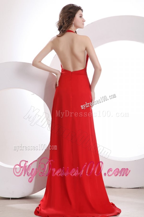 Simple Empire Halter Chiffon Red Brush Train Evening Dress