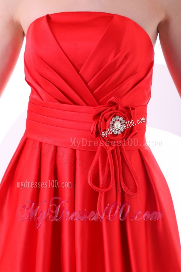 Simple Strapless A-line Mini-length Red Evening Dress with Ruching
