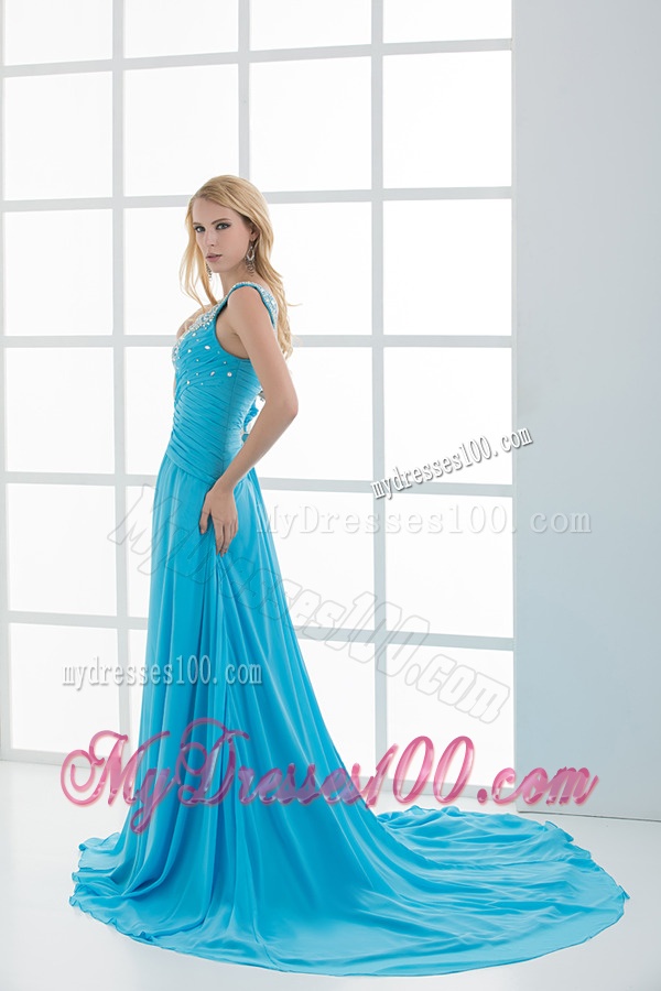 Sky Blue Beading and Ruching Empire One Shoulder Evening Dress with Court Train