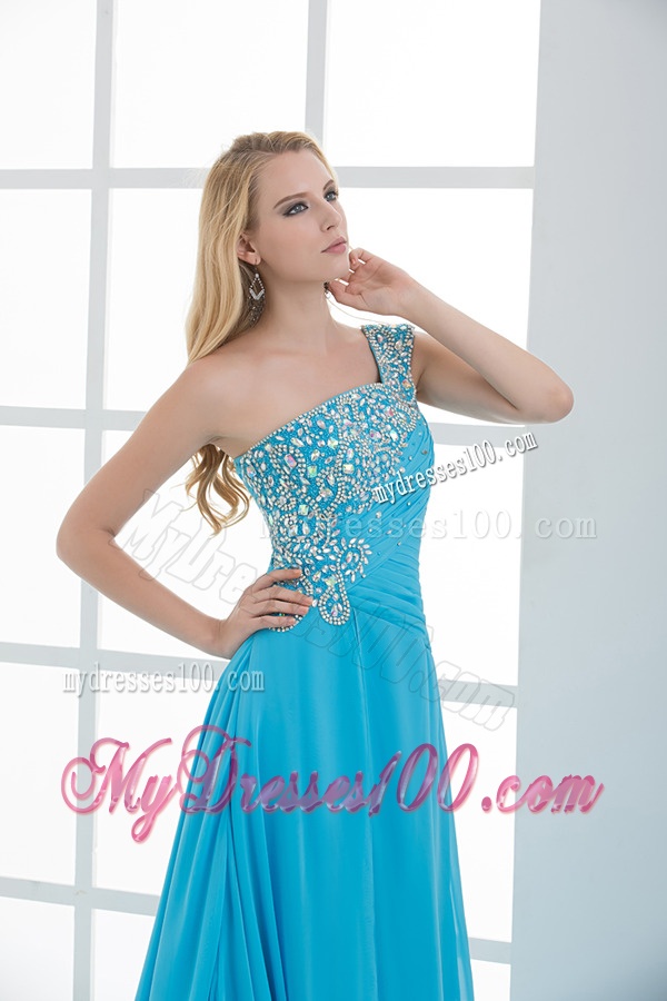 Sky Blue Beading and Ruching Empire One Shoulder Evening Dress with Court Train
