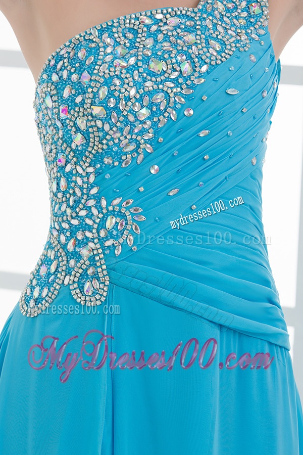 Sky Blue Beading and Ruching Empire One Shoulder Evening Dress with Court Train