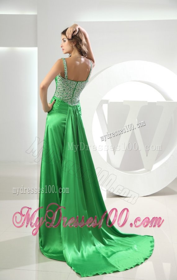 Spring Green Straps Column Elastic Woven Satin Brush Train Beading Evening Dress