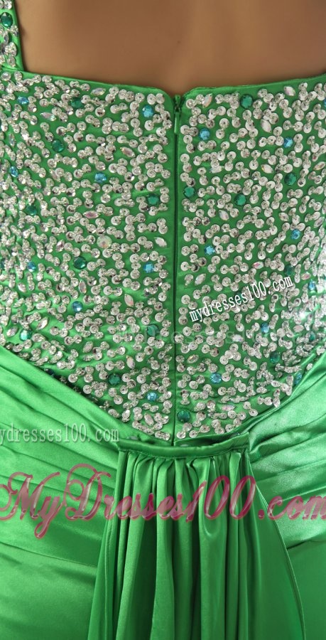 Spring Green Straps Column Elastic Woven Satin Brush Train Beading Evening Dress