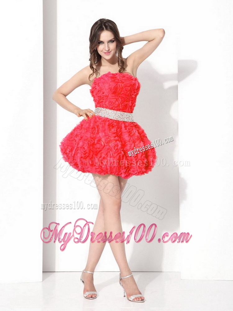 Strapless Short Evening Dresses with Rolling Flowers and Beading
