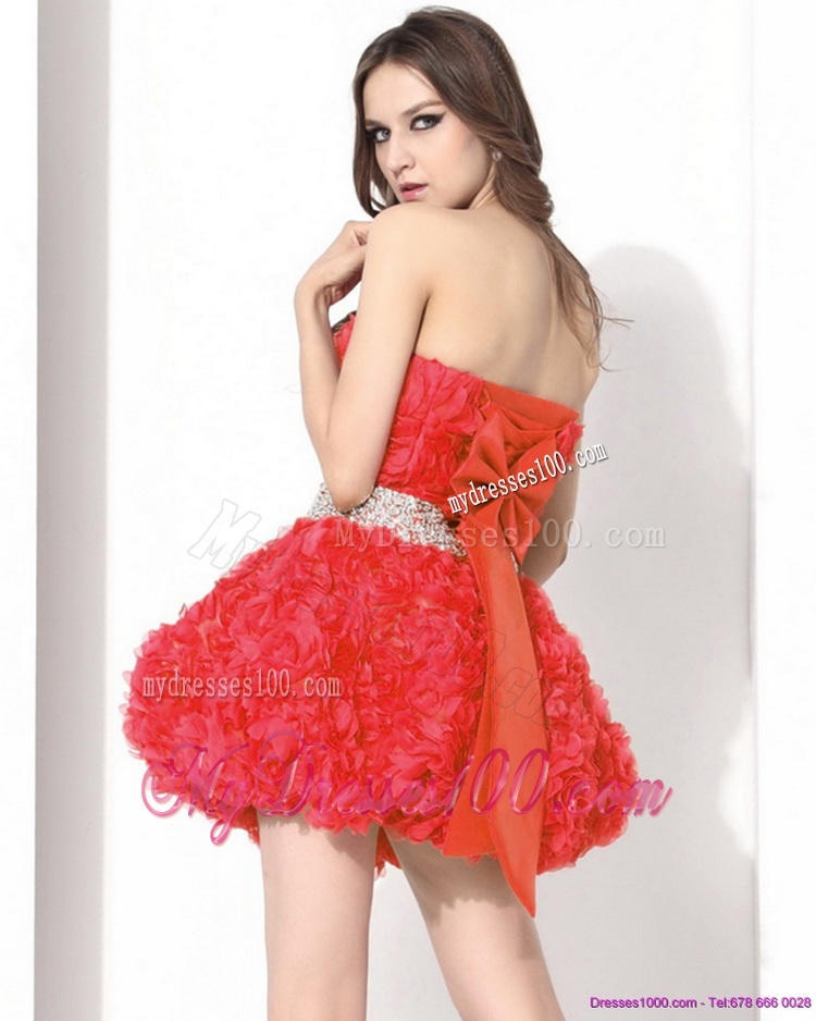 Strapless Short Evening Dresses with Rolling Flowers and Beading