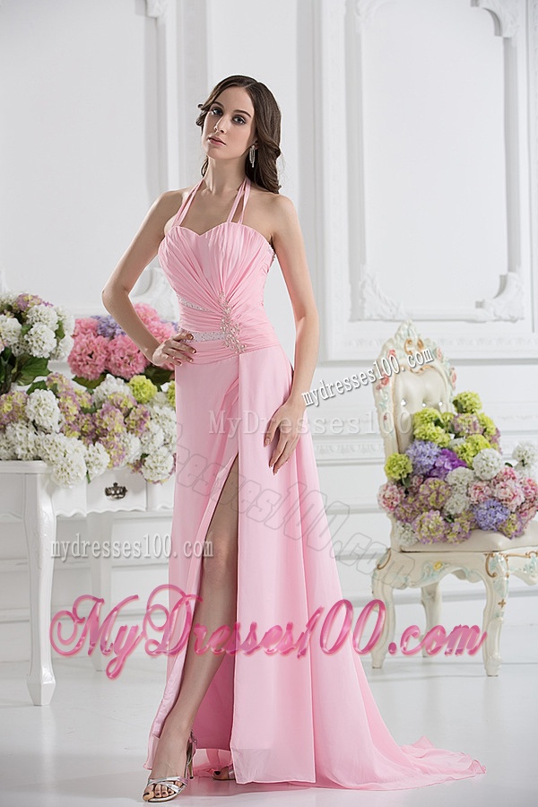 Straps Baby Pink High Slit and Ruching Empire Evening Dress with High Slit