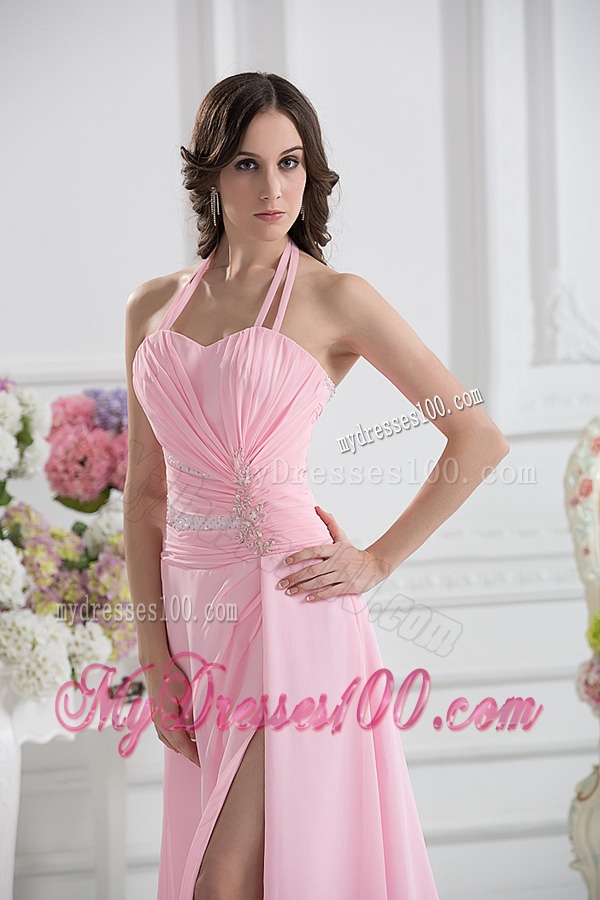 Straps Baby Pink High Slit and Ruching Empire Evening Dress with High Slit