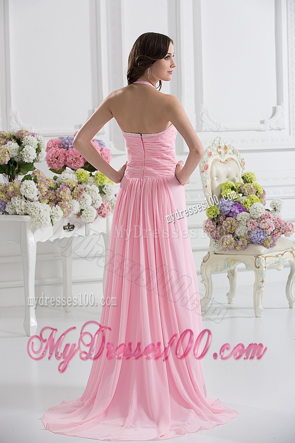 Straps Baby Pink High Slit and Ruching Empire Evening Dress with High Slit