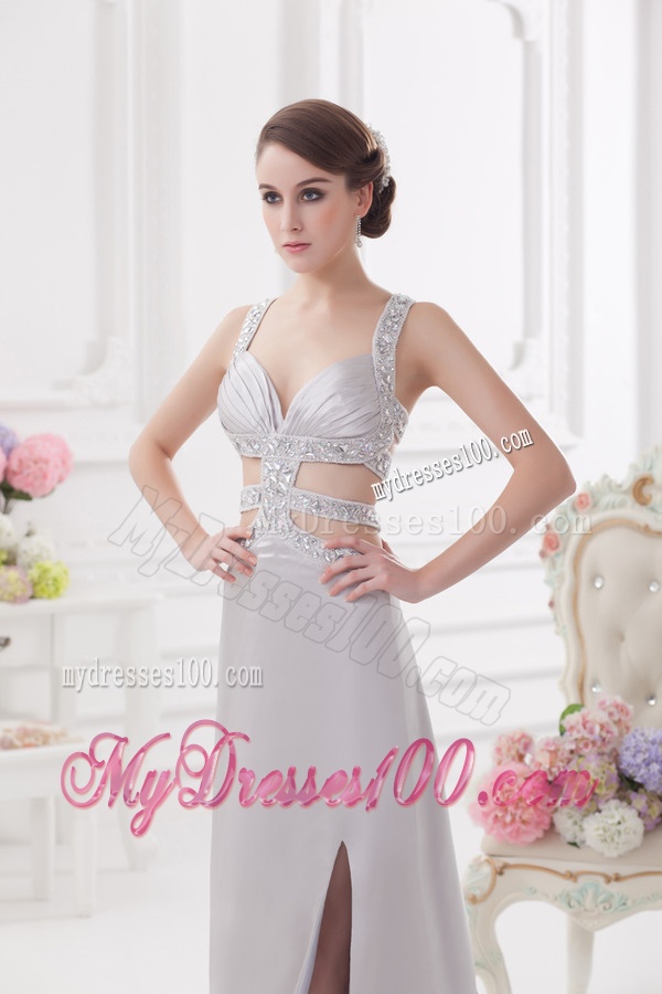 Straps High Slit Criss Cross Watteau Train Evening Dress in Light Grey