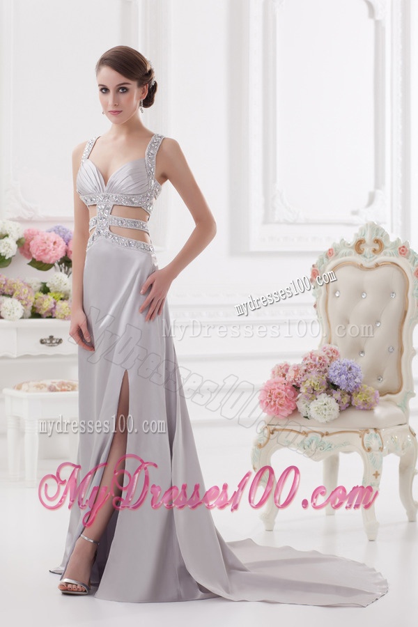 Straps High Slit Criss Cross Watteau Train Evening Dress in Light Grey