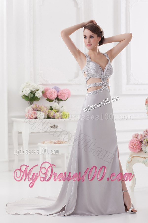 Straps High Slit Criss Cross Watteau Train Evening Dress in Light Grey