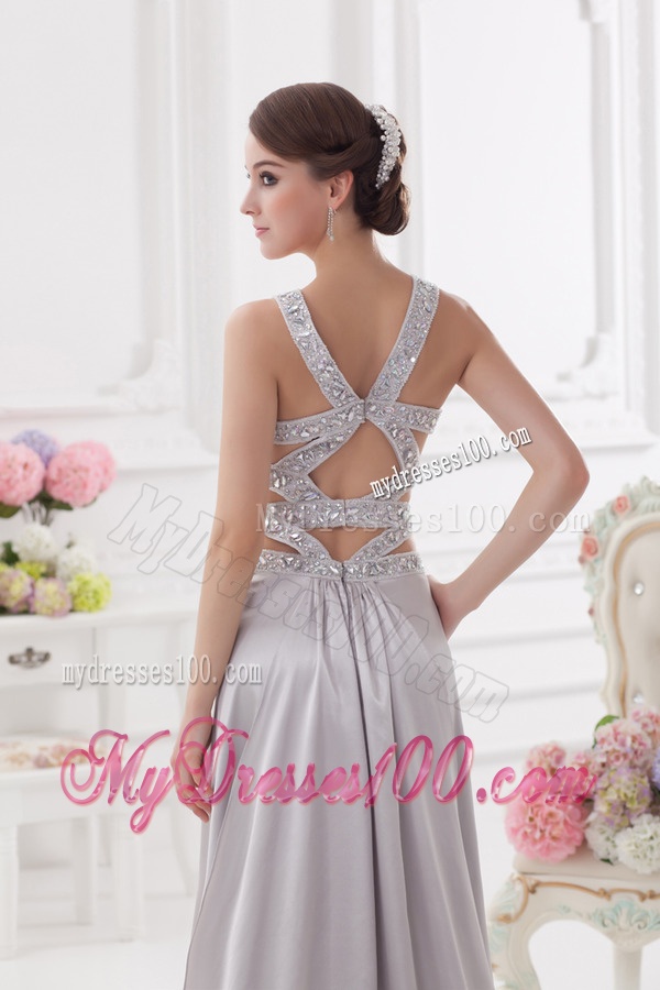 Straps High Slit Criss Cross Watteau Train Evening Dress in Light Grey