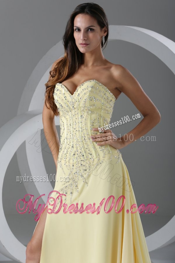 Sweep Train High Slit Light Yellow Evening Dress with Beading