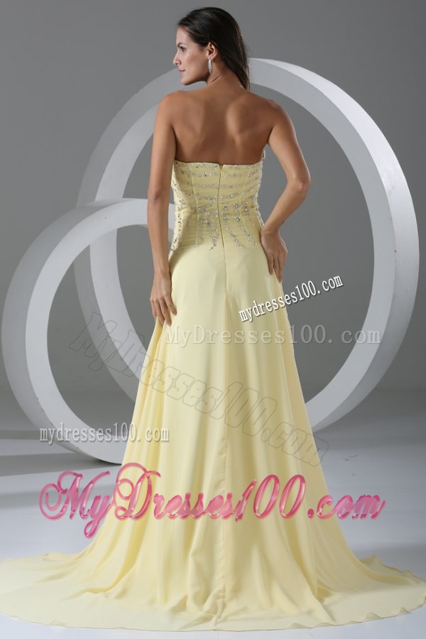 Sweep Train High Slit Light Yellow Evening Dress with Beading