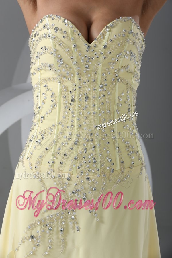 Sweep Train High Slit Light Yellow Evening Dress with Beading