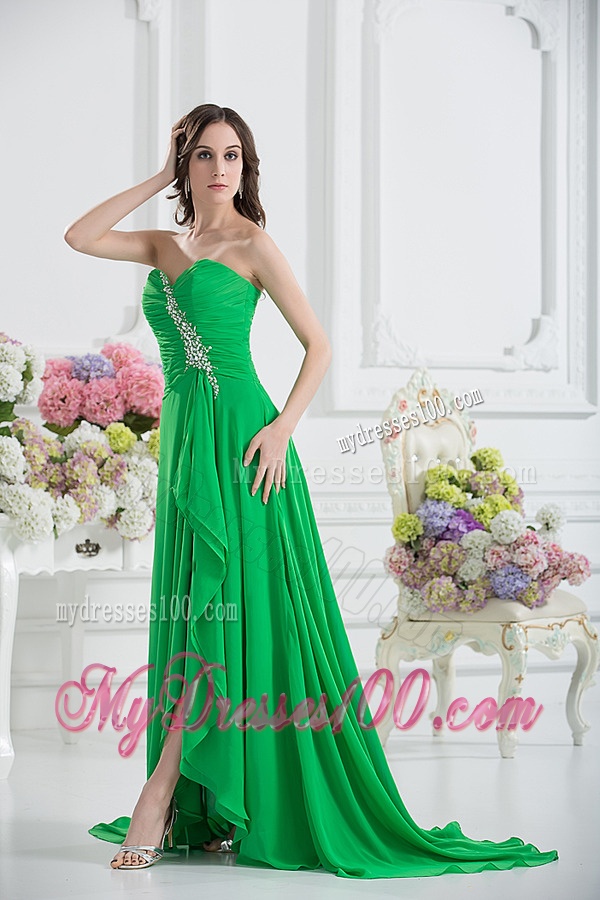 Sweetheart High Slit Beading Spring Green Evening Dress with Ruching
