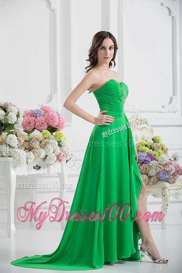 Sweetheart High Slit Beading Spring Green Evening Dress with Ruching