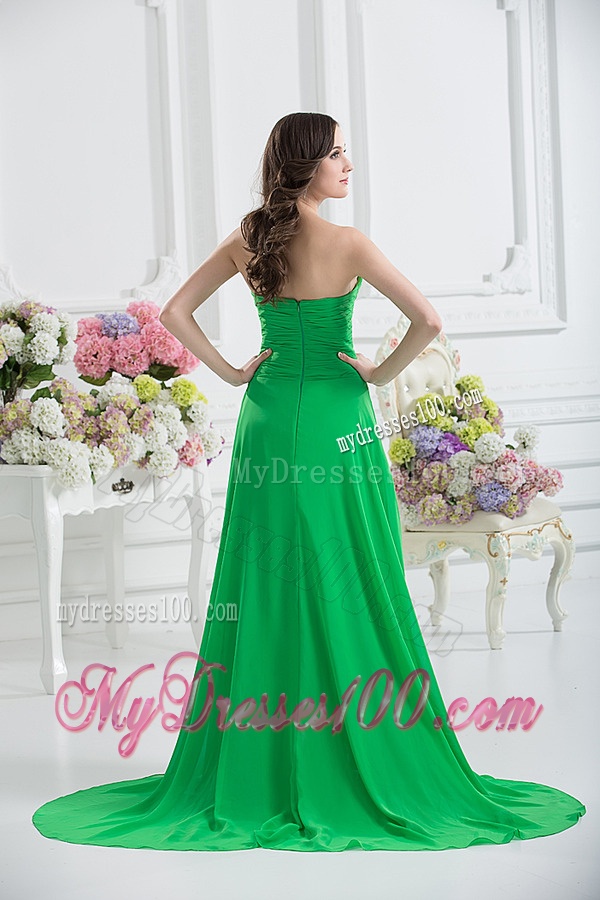 Sweetheart High Slit Beading Spring Green Evening Dress with Ruching