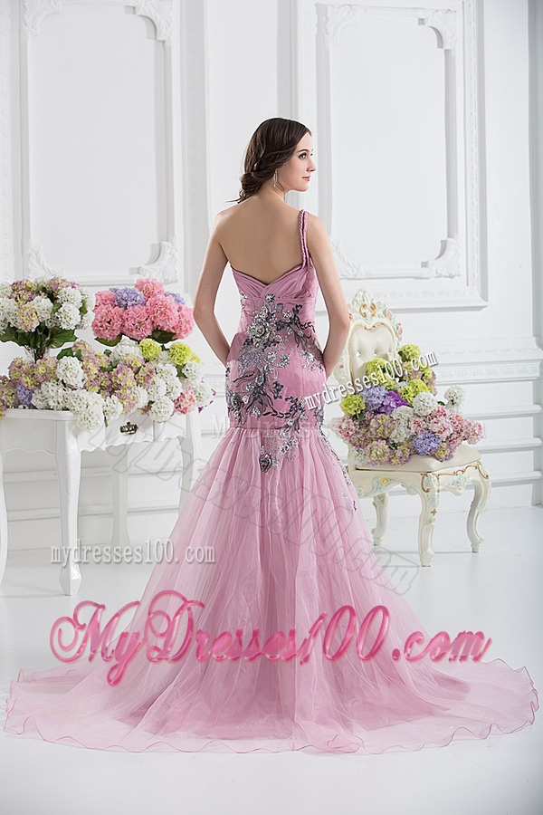 Sweetheart One Shoulder Mermaid Appliques Ruching Pink Evening Dress