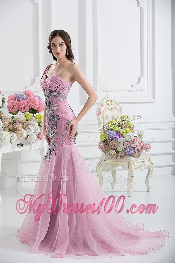 Sweetheart One Shoulder Mermaid Appliques Ruching Pink Evening Dress