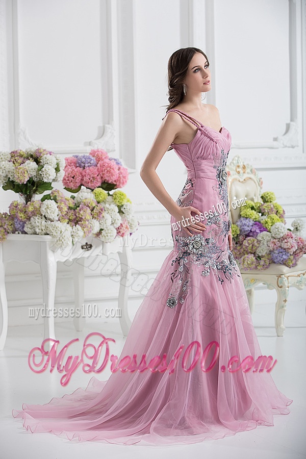 Sweetheart One Shoulder Mermaid Appliques Ruching Pink Evening Dress