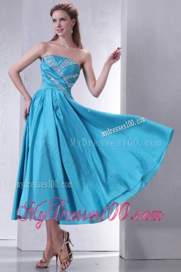 Teal Empire Strapless Tea-length Evening Dress with Beading