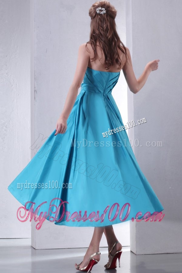 Teal Empire Strapless Tea-length Evening Dress with Beading