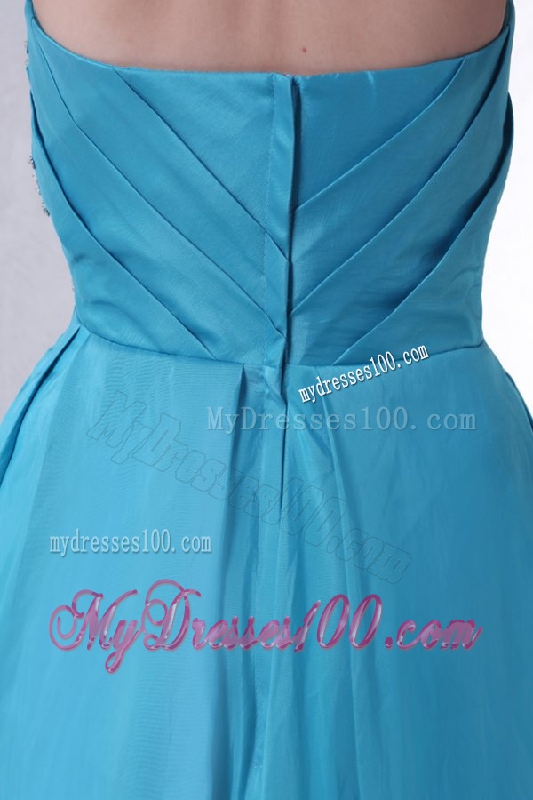Teal Empire Strapless Tea-length Evening Dress with Beading