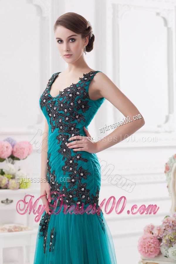 Turquoise Column Court Train Tulle Evening Dress with Ruching and Appliques