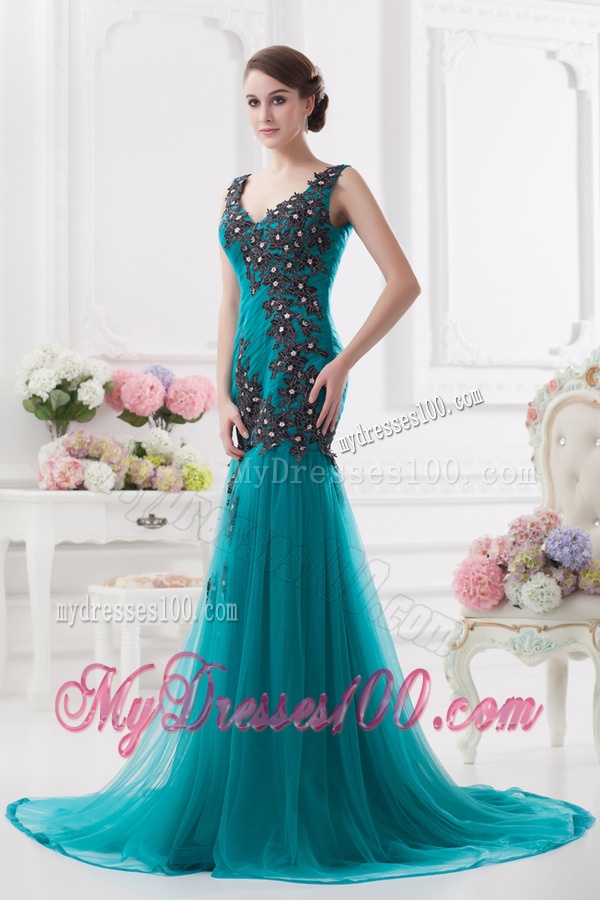 Turquoise Column Court Train Tulle Evening Dress with Ruching and Appliques