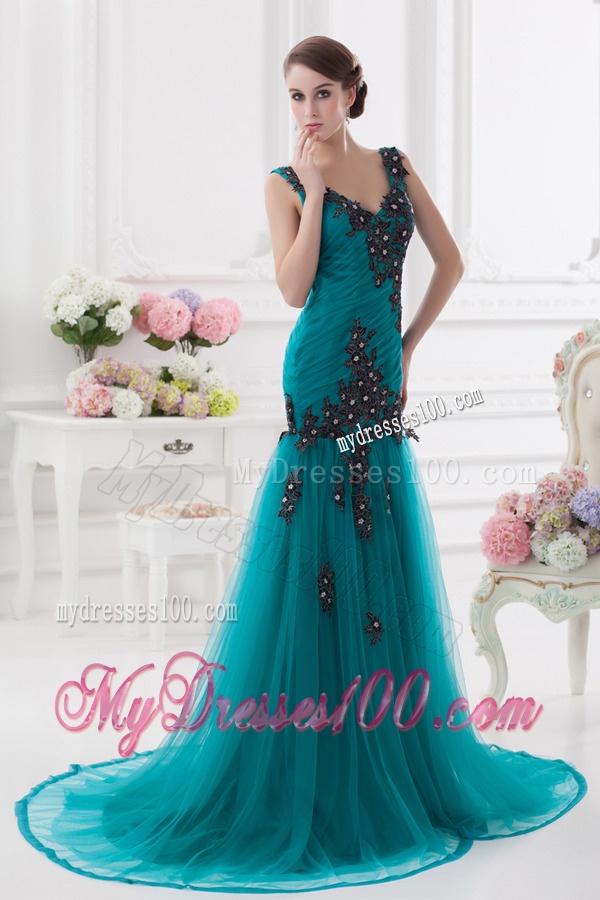 Turquoise Column Court Train Tulle Evening Dress with Ruching and Appliques