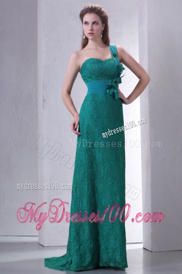 Turquoise Empire One Shoulder Lace Evening Dress with Flowers