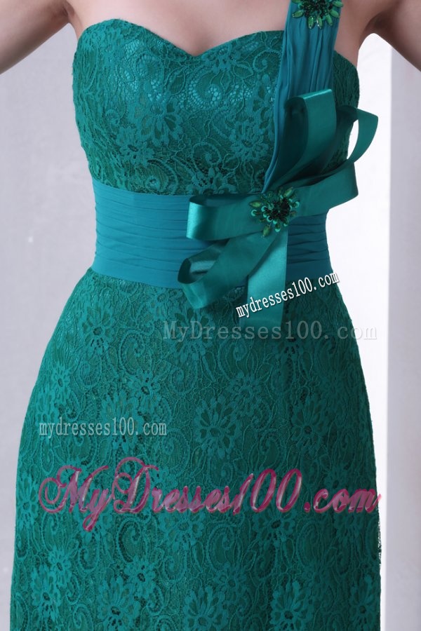Turquoise Empire One Shoulder Lace Evening Dress with Flowers