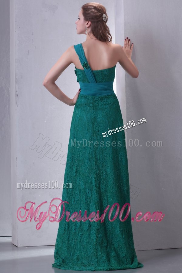 Turquoise Empire One Shoulder Lace Evening Dress with Flowers