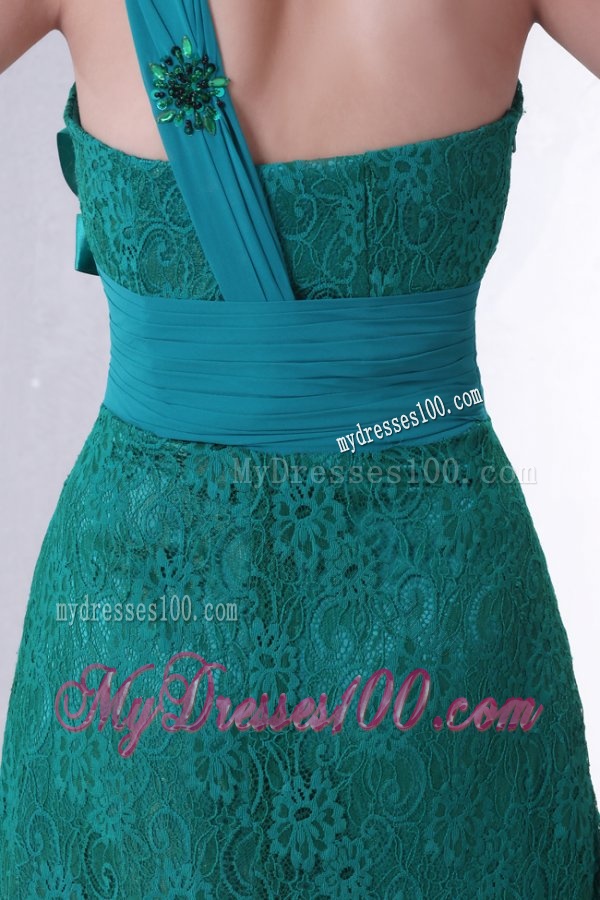 Turquoise Empire One Shoulder Lace Evening Dress with Flowers